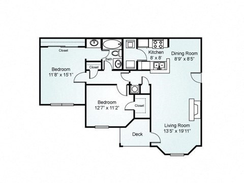 Floor plan for 2 beds, 1 bath, 1049 sqft